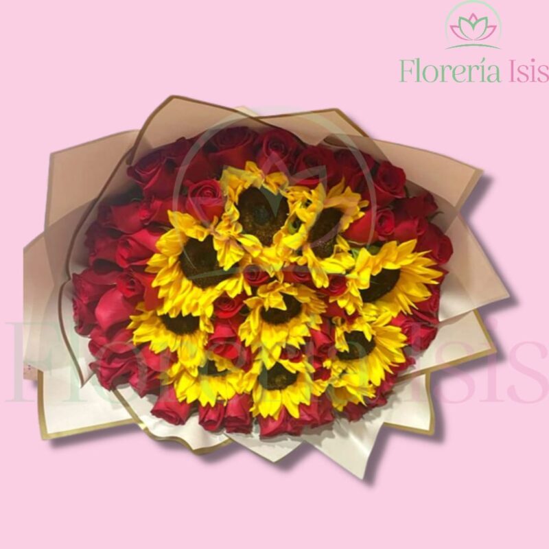 Amor y Alegría: 48 rosas y 10 girasoles, de Florería Isis