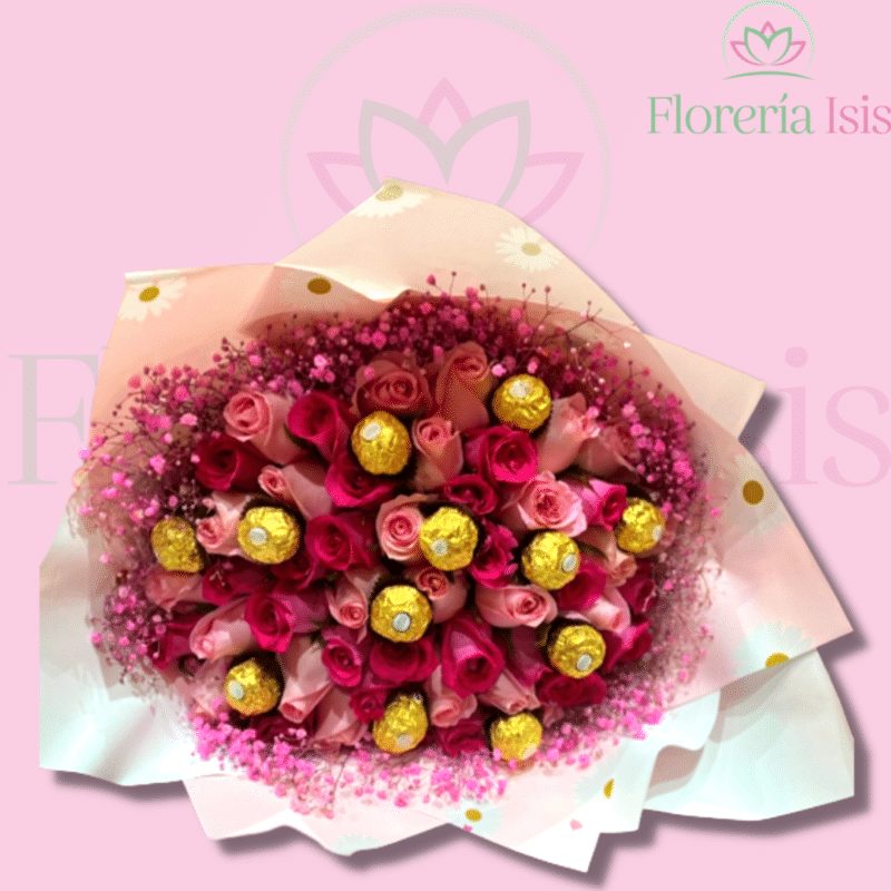 Ramo buchón de 50 rosas con chocolates, de Florería Isis