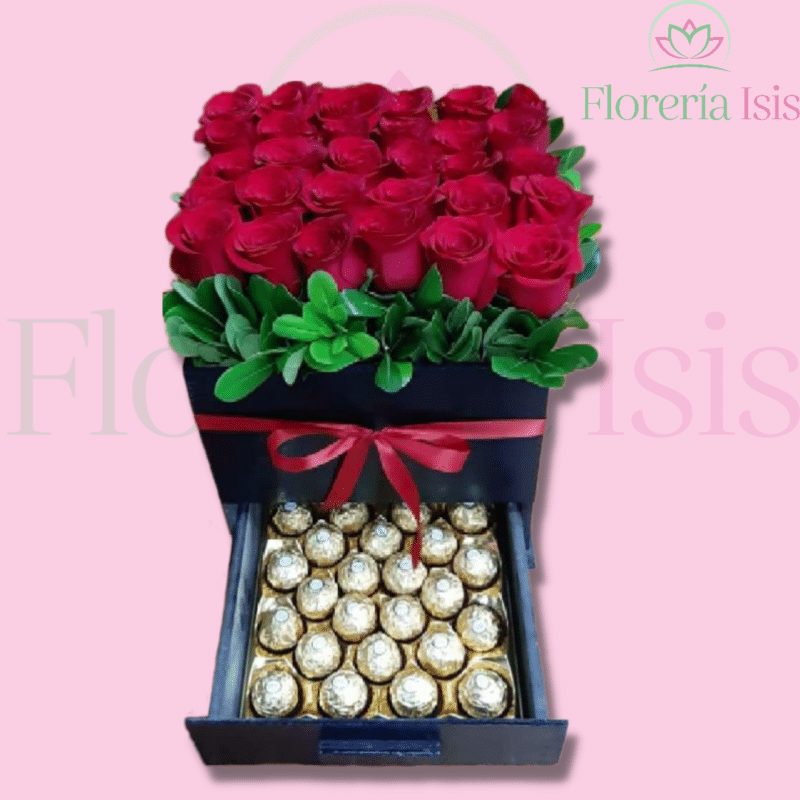 Caja chocolatera con 30 rosas, de Florería Isis