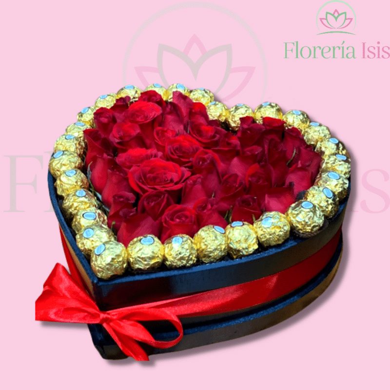Caja corazón de 30 rosas con chocolates, de Florería Isis