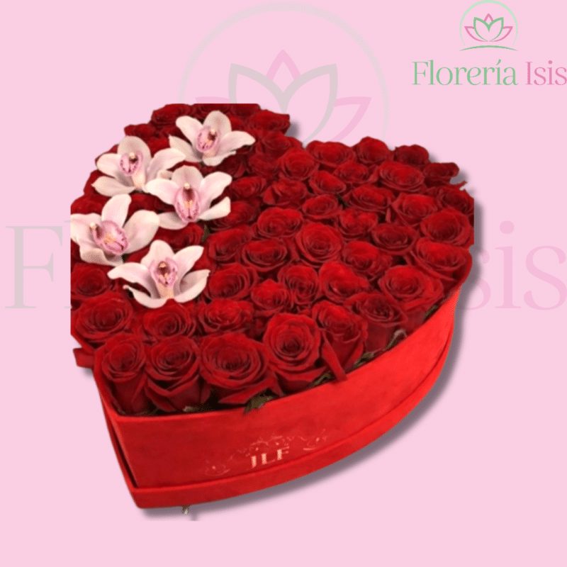 Caja corazón de 70 rosas y orquídeas, de Florería Isis