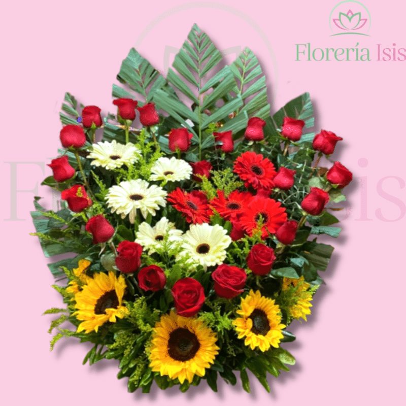 Corazón de rosas, gerberas y girasoles, de Florería Isis