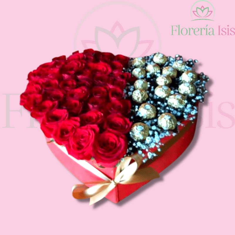 Corazón de 44 rosas con chocolates, de Florería Isis
