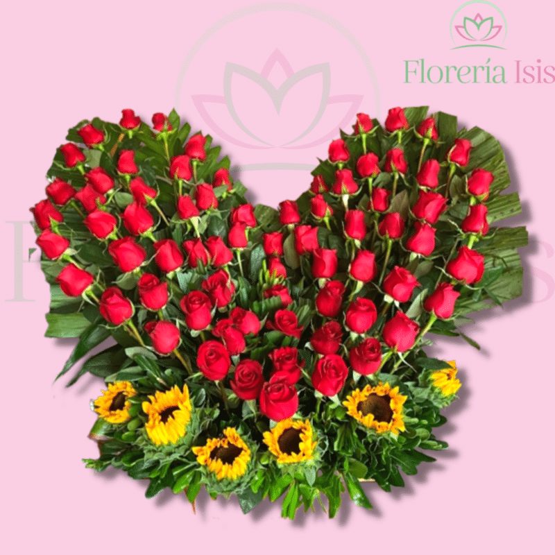 Corazón de 60 rosas y girasoles, de Florería Isis