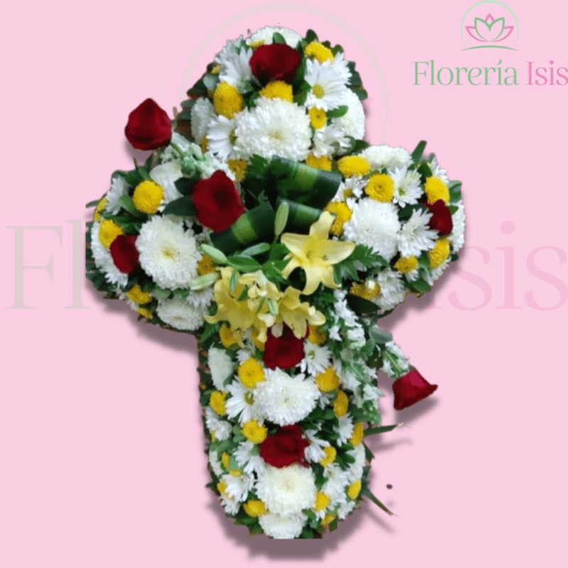 Cruz chica de rosa y lily, de Florería Isis