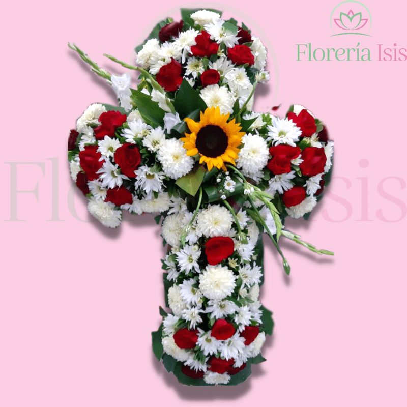 Cruz floral con gladiola y girasol, de Florería Isis