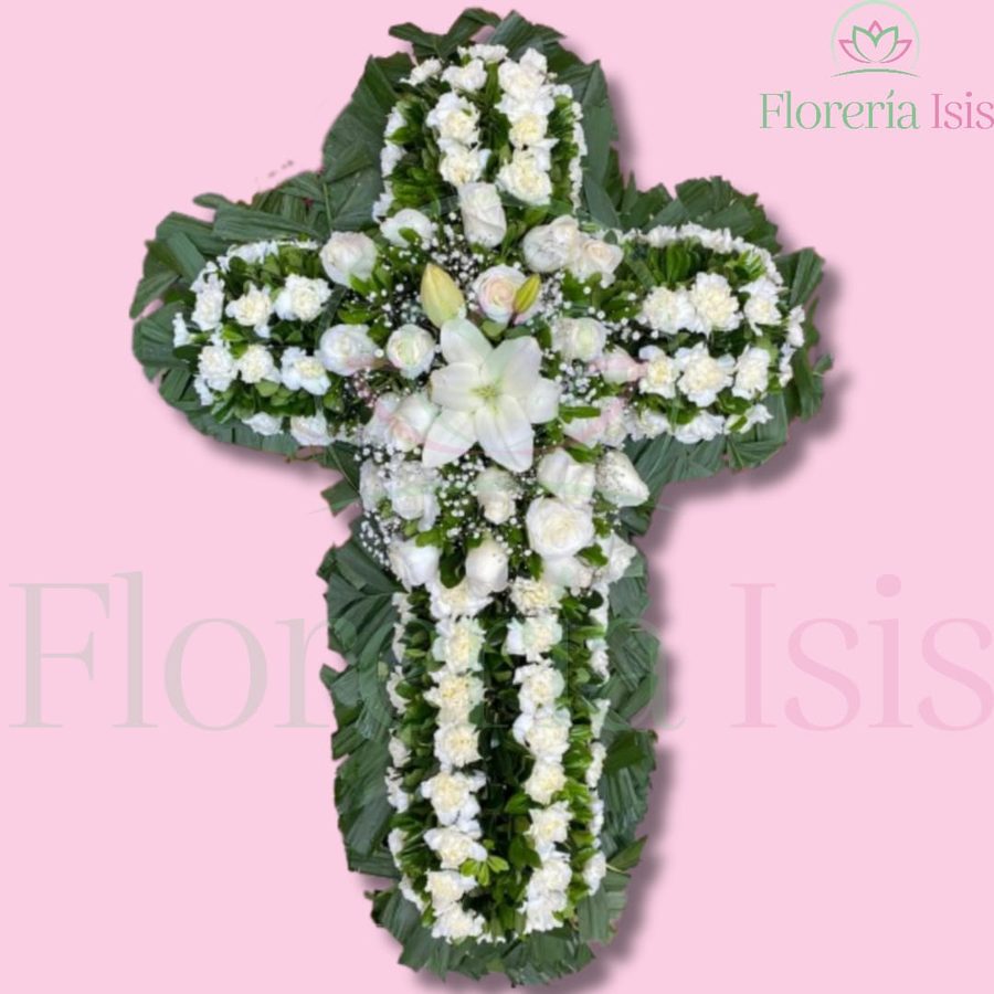 Cruz blanca de clavel y lirio, de Florería Isis