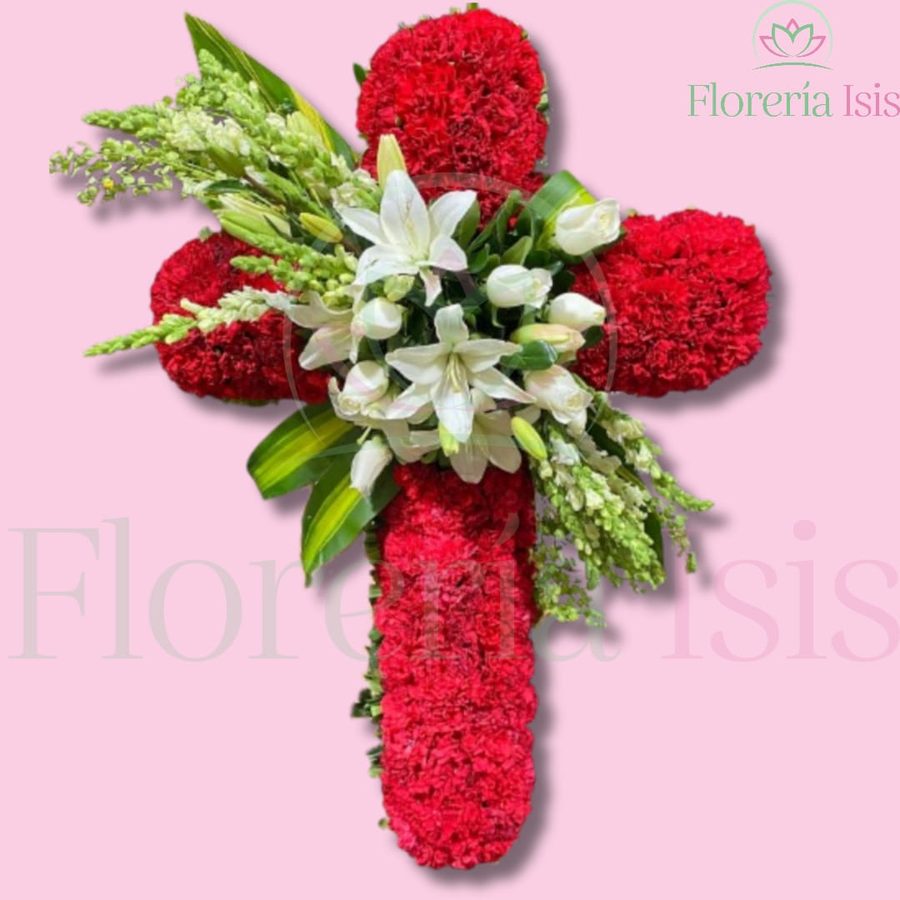 Cruz floral de clavel rojo y rosa blanca, de Florería Isis