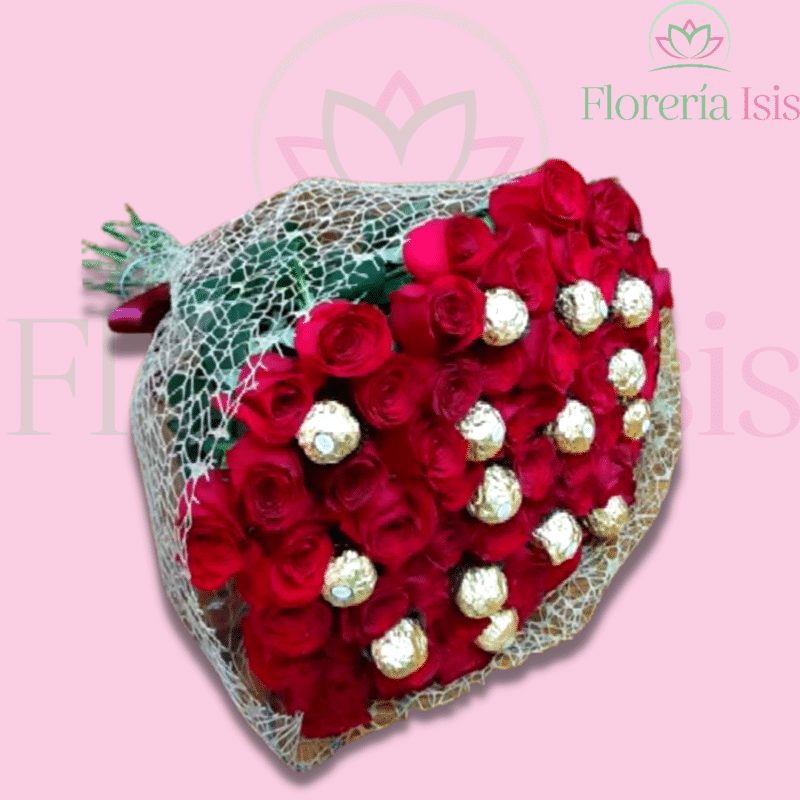 Dulce Amor: 50 rosas rojas con chocolates, de Florería Isis