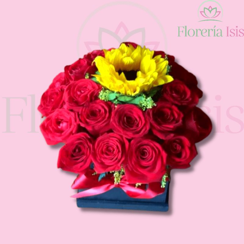 Mini box de rosas con girasol, de Florería Isis