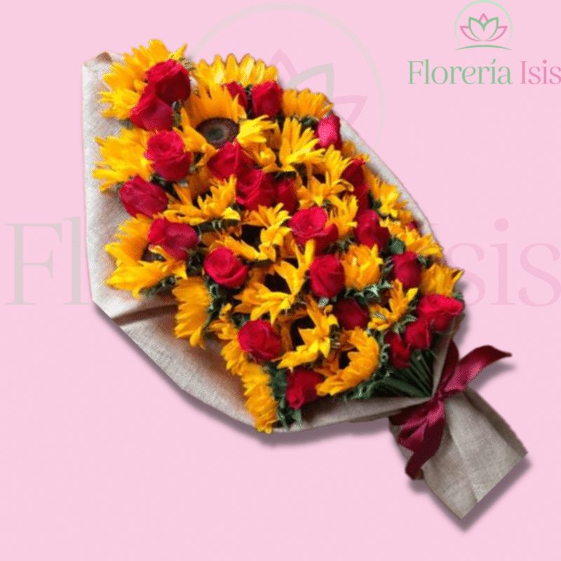 Ramo en desnivel de rosas y girasoles, de Florería Isis