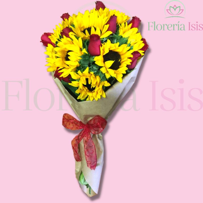 Ramo de rosas y girasoles en papel kraft, de Florería Isis